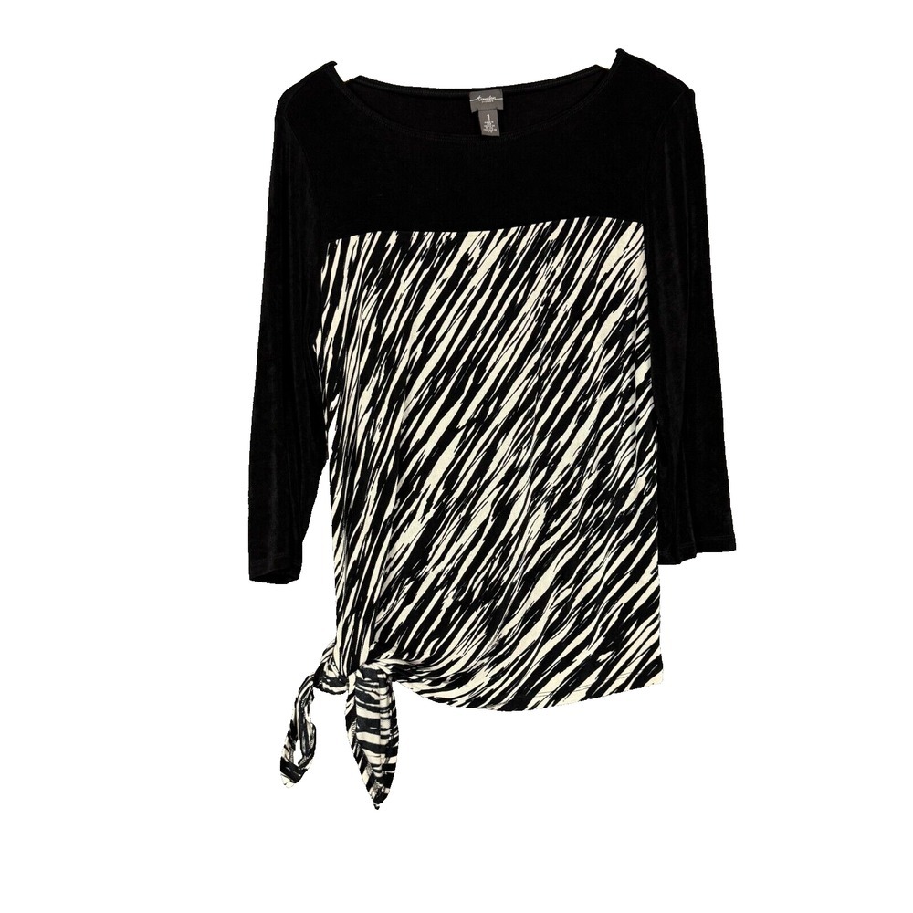 Chicos Travelers Shirt Womens 1 8 Black White Print Slinky Knit Asymmetrical Hem